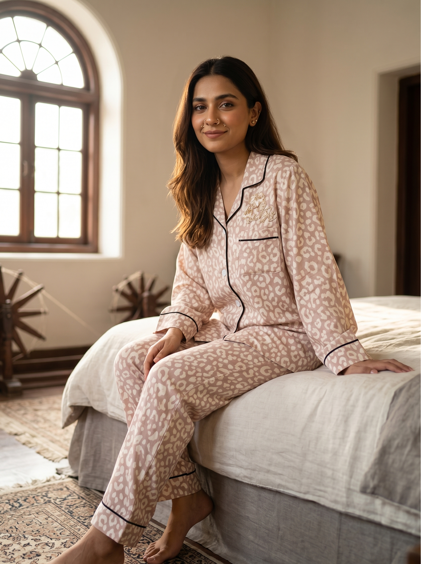 Woman in patterned pajamas sitting on a bed in a cozy room with a window and decorative items.