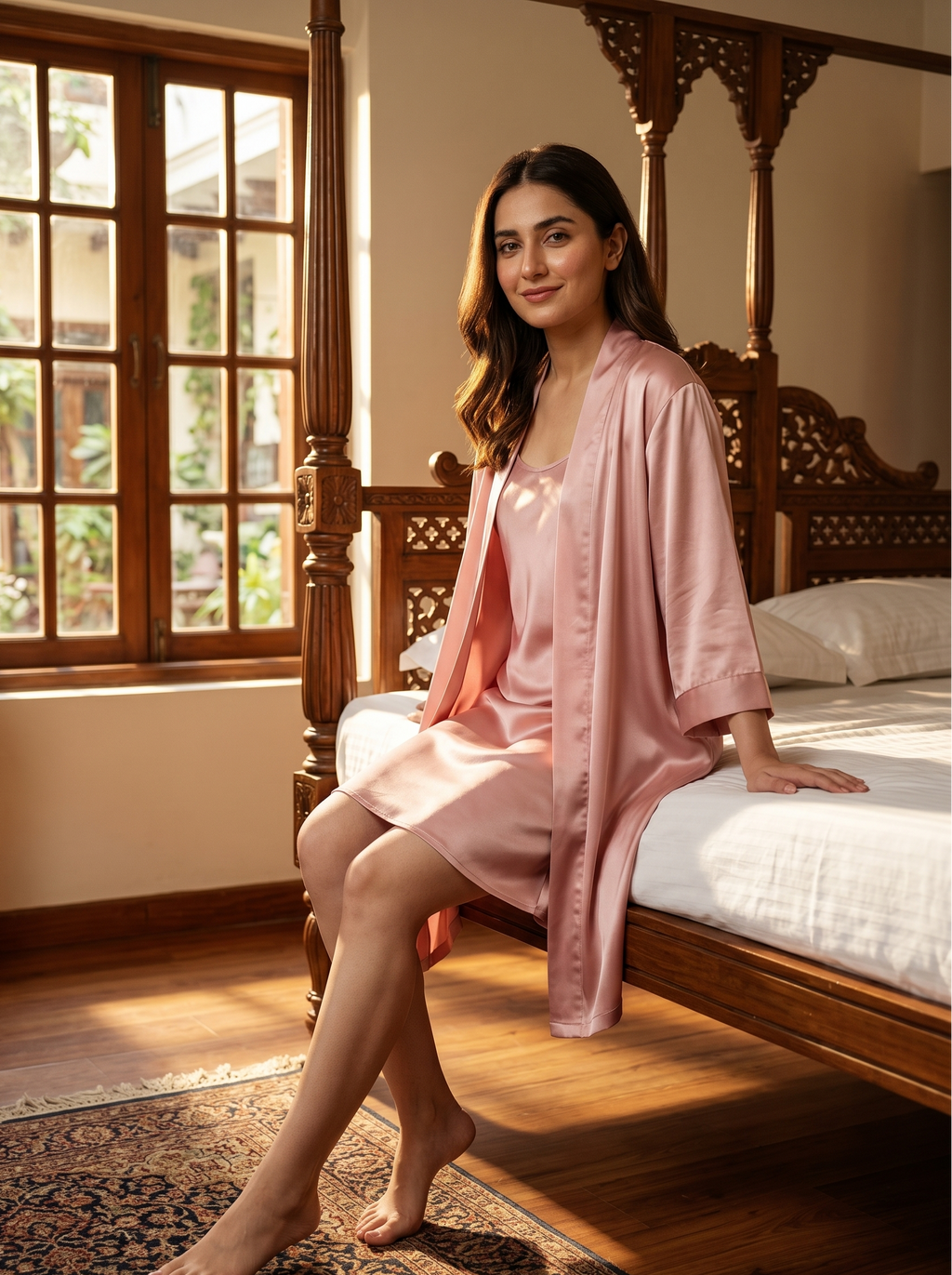 Salmon pink robe with inner slip